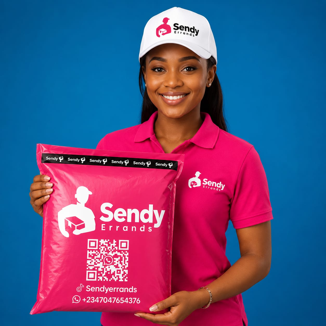 A Sendy Errands team member holding a branded pink mailer