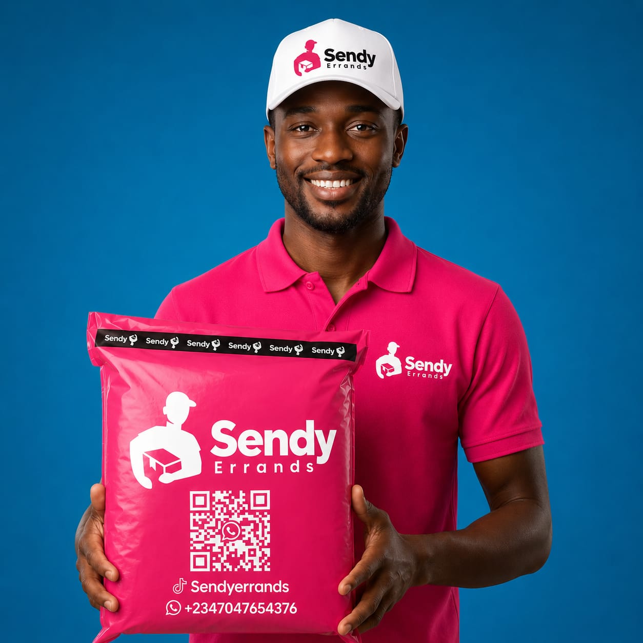A Sendy Errands rider in the company polo and cap, holding a pink Sendy mailer